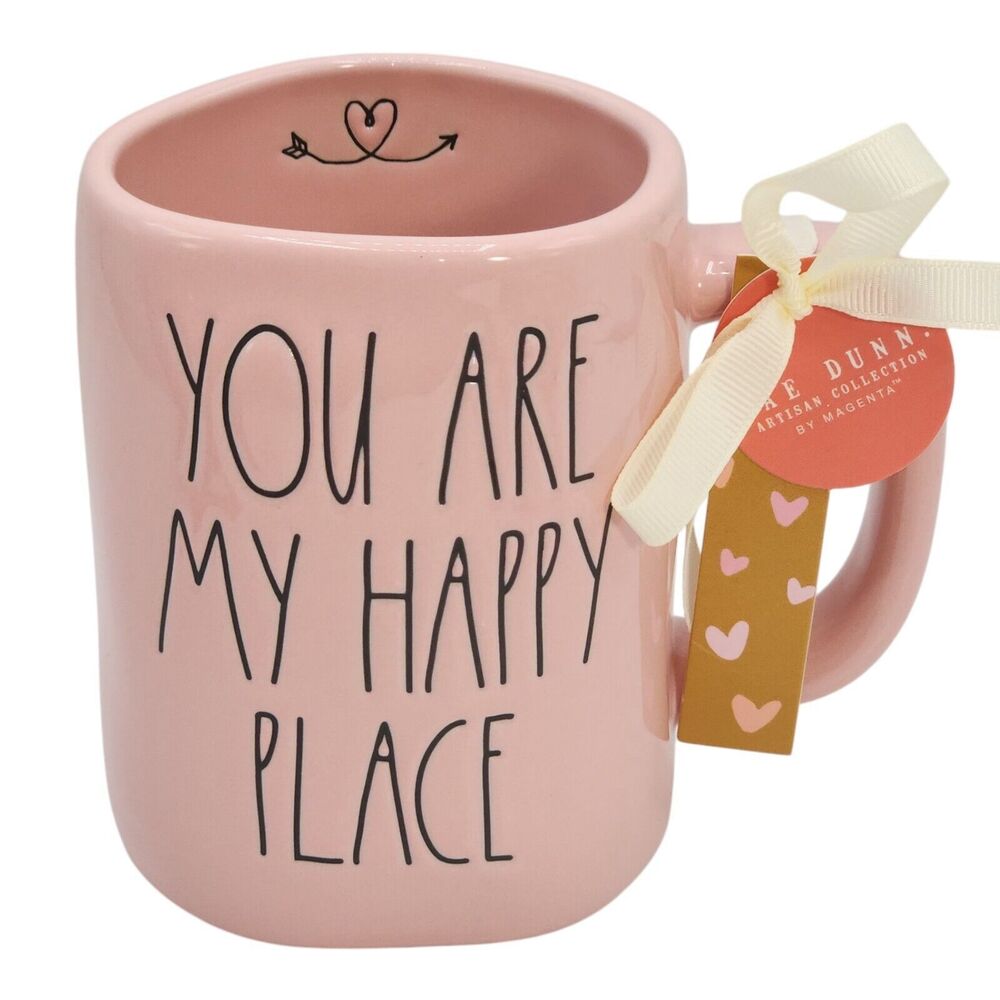 Rae Dunn Embossed‎ Pink Ceramic Coffee Mug You Are My Happy Place 16oz